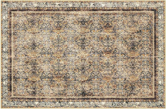 Phantoscope Washable Area Rug 6'x9' Non-Slip, Vintage Neutral Rugs for Living Room, Bedroom, Dining Room, Distressed Boho Floral Medallion Pattern, Low-Pile Foldable Carpet, Brown/Charcoal Spice