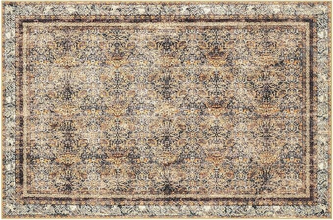 Phantoscope Washable Area Rug 4'x6' Non-Slip, Vintage Neutral Rugs for Living Room, Bedroom, Dining Room, Distressed Boho Floral Medallion Pattern, Low-Pile Foldable Carpet, Brown/Charcoal Spice