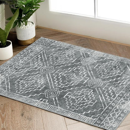 jinchan Moroccan 2x3 Rug for Entryway - Machine Washable Rug Modern Geometric Kitchen Soft Faux Wool Non-Slip Doormat Ultra-Thin Carpet for Entrance Bathroom Bedroom Living Room(2x3ft, Dark Grey)