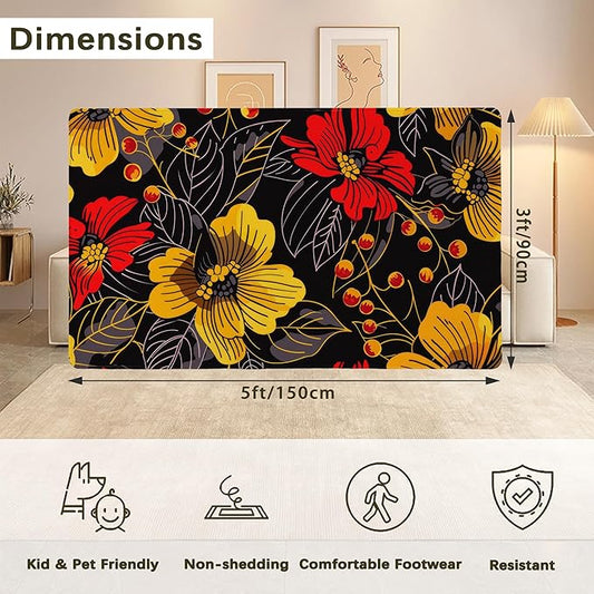 Black Floral Washable Living Room Area Rug, Low Profile Abstract Pattern, 3x5 Non-Slip Backing Carpet for Kitchen, Bedroom, Dining Room