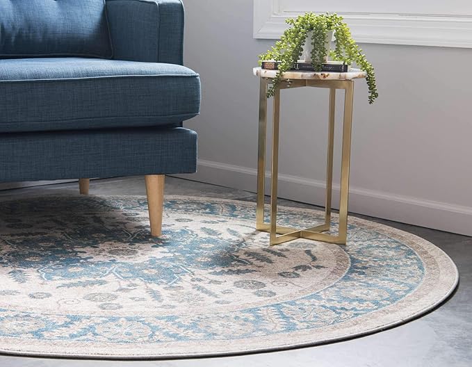 Unique Loom Salzburg Collection Classic Traditional Design Oriental Inspired Border Area Rug (4' 0 x 4' 0 Round, Beige/Blue)