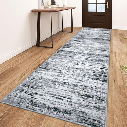 Modern Abstract Runner Rug 3x10, Black Grey White Washable Kitchen Runner Non-Slip Soft Hallway Rug Runner Thin Print Faux Wool Carpet for Entryway Bedroom Laundry Room Indoor Home Office Decor