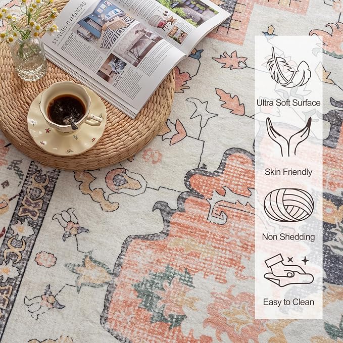 VK VK·LIVING Machine Washable Rug 5'x7' Vintage Design Washable Area Rugs with Non Slip Rugs for Living Room Bedroom Traditional Woven Carpet Stain Resistant, Dining Office Boho Rug (Mistyrose)