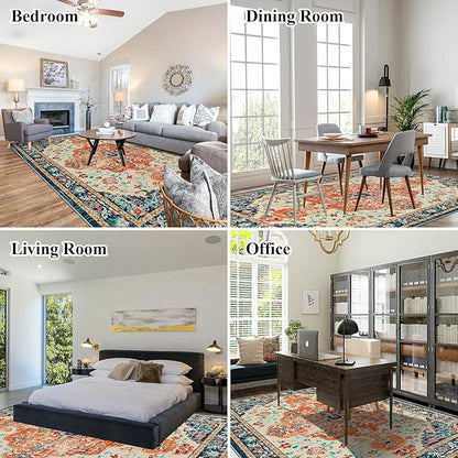U'Artlines Boho Vintage Area Rug 8x10 Machine Washable Low Pile Soft Floor Carpet Non Slip Non Shedding Accent Rug for Living Room Bedroom Entryway Dining Room Office Orange/Multi