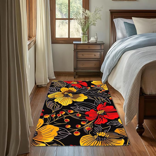Black Floral Washable Living Room Area Rug, Low Profile Abstract Pattern, 3x5 Non-Slip Backing Carpet for Kitchen, Bedroom, Dining Room