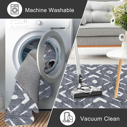 KILOCOCO Living Room Rug 5x7 Area Rug Printed Boho Washable Bedroom Rugs Non Slip Soft Large Moroccan Rubber Backed Indoor Rugs for Dining Room Office Farmhouse Geometric Carpet,Dark Grey