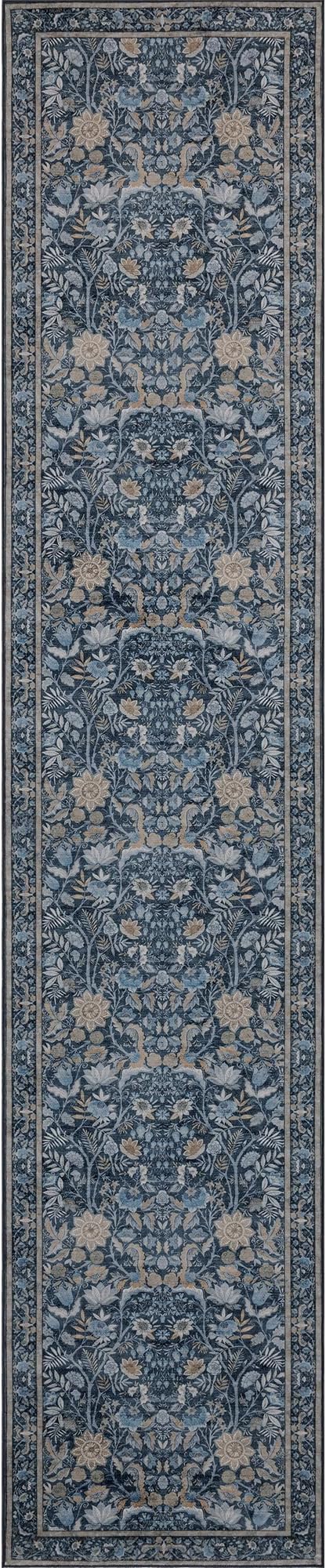 Washable Runner Rug 2x10: Vintage Boho Floral Carpet Runners for Hallway Entryway Non-Slip - Soft Botanical Low Pile Thin Mat for Kitchen Bathroom Bedroom Laundry Floor Decor - Slate Blue