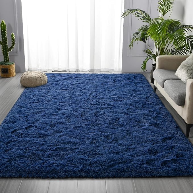 Large Shag Area Rugs 9 x 12, Plush Fuzzy Rugs for Living Room, Ultra Soft Fluffy Furry Rug for Bedroom, Indoor Carpet Nursery Rugs for Kids Room Home Decor, Navy Blue
