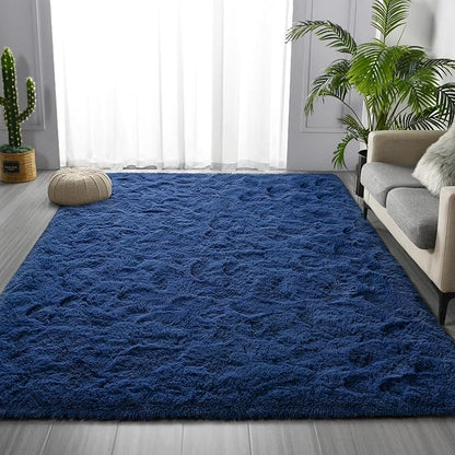 Large Shag Area Rugs 9 x 12, Plush Fuzzy Rugs for Living Room, Ultra Soft Fluffy Furry Rug for Bedroom, Indoor Carpet Nursery Rugs for Kids Room Home Decor, Navy Blue