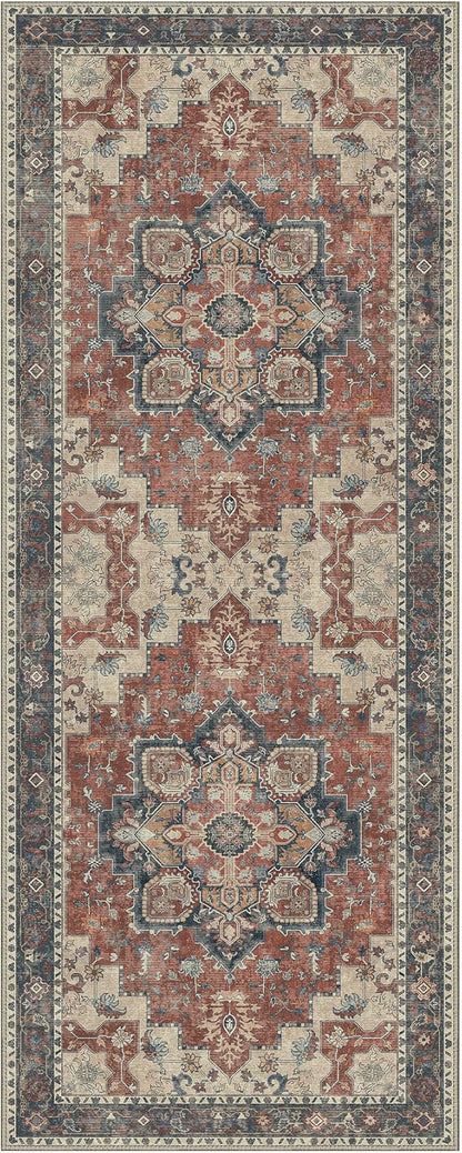 GENIMO 2'6''x10 Runner Rugs for Hallway, Machine Washable Non Slip Vintage Rugs, Low Pile Lightweight Soft Print Rug for enrtyway, Corridor, Home Office, Kitchen, Bordeaux