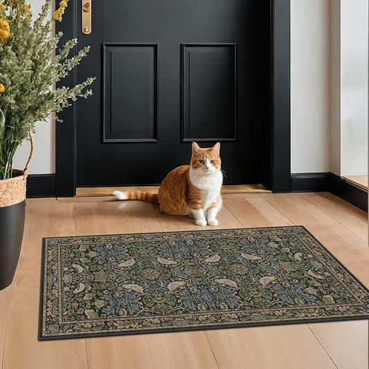 Washable Dark Vintage Floral Rugs for Entryway - Small 2x4 Runner Rug for Kitchen Bathroom Door Mat Indoor Entrance with Bird & Botanical Pattern, Brown Earthy Tones, Non Slip Low Pile
