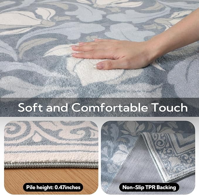 SOULFUL Medium Pile 8x10 Rugs for Living Room - Cozy Soft Underfoot Large Area Rug - Greige Boho Floral - Washable Non-Slip - Perfect for Bedroom Kids Room Under Dining Table Office