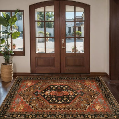 Ciicool 3x5 Area Rug, Washable Red Boho Rugs for Bedroom Non-Slip Indoor Rugs Large Low-Pile Mat Floor Carpet Vintage Rug for Kitchen Living Room Office Dinning Foyer Decor