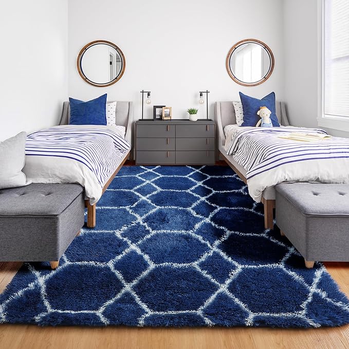 ONASAR Large 6x9 Area Rugs for Living Room, Fluffy Geometric Navy and White Rug for Boys Bedroom Home Decor Aesthetic, Soft Shaggy Plush Floor Carpet for Girls Teen Nursery Playroom Office Dorm