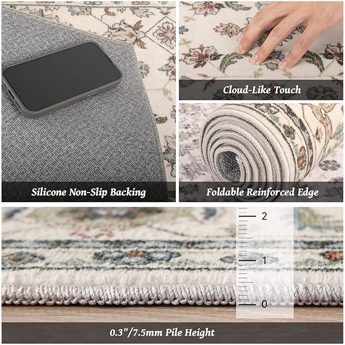 Washable 10x14 Area Rugs for Living Room, Boho Non-Slip Vintage Distress Large Rugs for Bedroom Dining Room Office, 0.3" Neutral Oriental Throw Thin Carpet, Beige/Rust/Green/Multi
