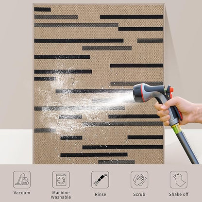 Tangsoo Stripe Easy Jute Rug,Ultra Thin 3x5 Washable Area Rug for Bedroom,Non-Slip Black Indoor Outdoor Rug Modern Low Pile Carpet Farmhouse Non Shedding Mat for Patio Backyard Entryway