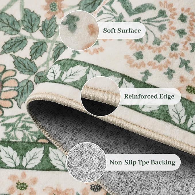 9x12 Area Rug Living Room Rug - Floral Vintage Forest Washable Carpet, Low Pile Non-Slip Stain Resistance Boho Soft Large Carpet for Bedroom, Dining Room Under Table, Farmhouse (9'x12' Beige Green)
