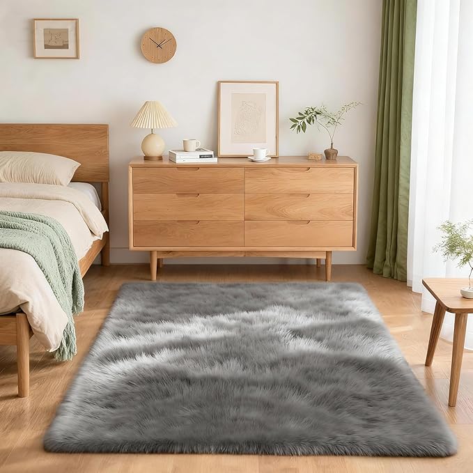 4x6 Solid Fluffy Grey Area Rug – Washable, Durable, Living Room Rug, Non-Slip High Pile Shag Rugs for Bedroom, Living Room, Bedside, Dorms, Nursery Rooms, Kids Room, Soft Indoor Floor Carpet