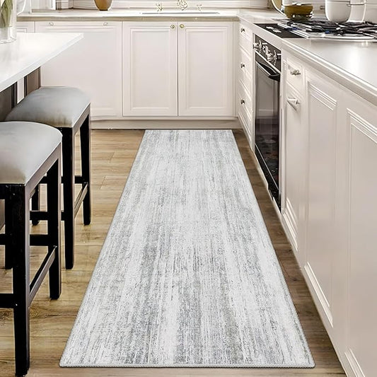 MUJOO Washable Runner Rug 2x6,Modern Abstract Area Rugs for Hallways Kitchen Bedroom Entryway Bathroom Laundry,Non Slip Carpet Long Mat Indoor,Low Pile Throw Rug Accent Neutral Grey