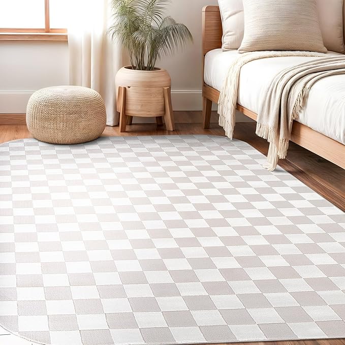 Beverly Rug Modern Geometric Area Rug 5x7 Low-High Pile Durable Soft Abstract Checkered Indoor Rugs for Living Dining Room Office Stain Resistant Non Shedding Casual Indoor Carpet Beige White 5 x 7