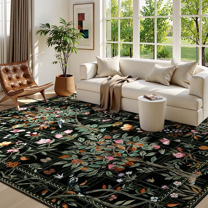 Morebes Black Boho 8x10 Area Rugs for Living Room, Washable Large Floral Rug Non Slip, Soft Flower Birds Low-Pile Floor Indoor Carpet for Bedroom Dining Room Dorm Playroom Nursery