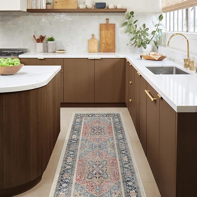RUGGABLE Washable Vintage Runner Rug – Kamran Cayenne Red 2.5x12, Stain-Resistant, Non-Slip Hallway Runner – Machine Washable Rug for Hallway, Entryway, Living Room & Kitchen–with Standard Pad