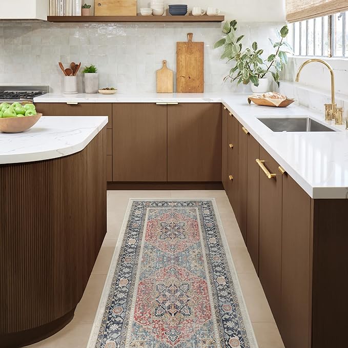 RUGGABLE Washable Vintage Runner Rug – Kamran Cayenne Red 2.5x7, Stain-Resistant, Non-Slip Hallway Runner – Machine Washable Rug for Hallway, Entryway, Living Room & Kitchen–with Standard Pad