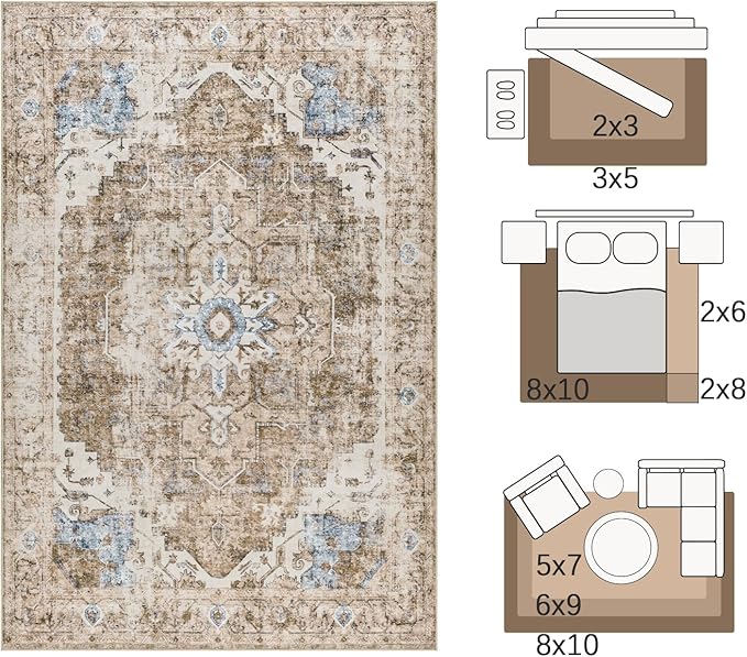 jinchan Kelda Area Rug 4x6 Washable Bedroom Rug Vintage Soft Indoor Floor Cover Retro Distressed Mat Accent Lightweight Non-Slip Thin Carpet for Kitchen Bathroom Living Room Brick Red