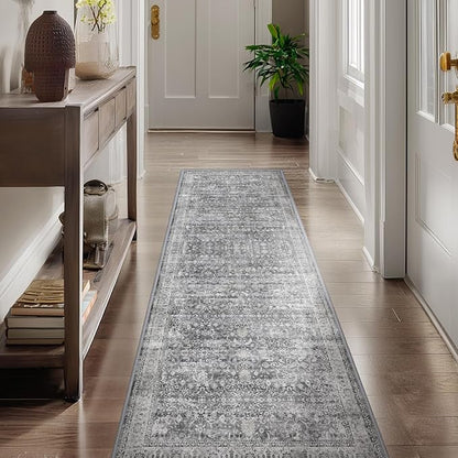 Grey 2x6 Runner Rug for Hallways Entryway, Vintage Neutral Kitchen Bathroom Runner 6ft, Non Slip Washable Low Pile Thin Carpet Runner for Mudroom/Laundry Room/Bedroom Bedside