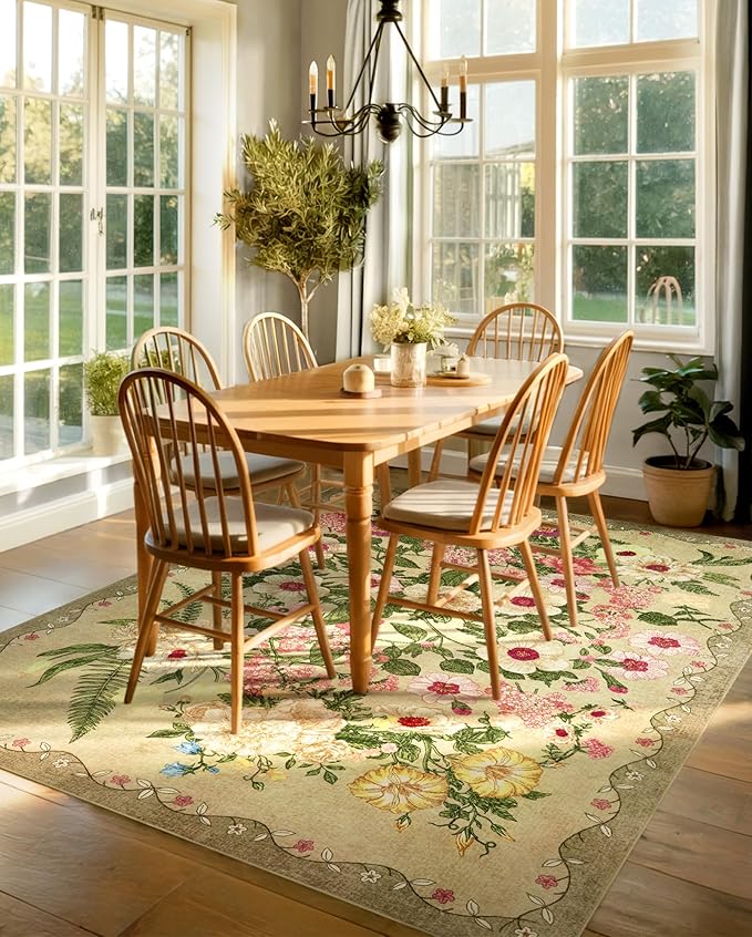 Floral Rug for Living Room - 4x6 Washable Area Rugs Non-Slip Soft Low-Pile Stain Resistant Carpet Flower Vintage Indoor Rug for Bedroom Dining Room Office Nursery Room, Brown