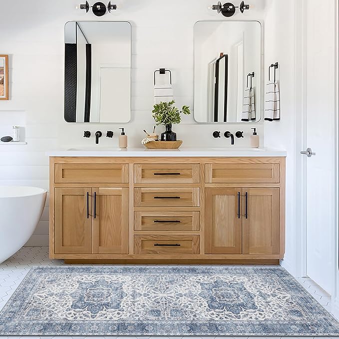 ReaLife Rugs Machine Washable Area Rug Runner - Living Room Bedroom Bathroom Kitchen Entryway Office - Padded Low Pile Stain Resistant Premium - Boho Farmhouse Vintage - Joy - Blue Ivory 2'6" x 6'