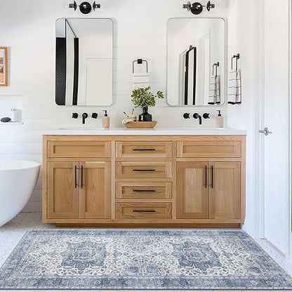 ReaLife Rugs Machine Washable Area Rug Runner - Living Room Bedroom Bathroom Kitchen Entryway Office - Padded Low Pile Stain Resistant Premium - Boho Farmhouse Vintage - Joy - Blue Ivory 2'6" x 6'