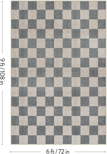 LIVEBOX Machine Washable Area Rug 6x9 Checkered, Non Slip Soft Large Bedroom Living Room Rug Farmhouse Neutral Classic Geometric Pattern Boys Rug, Indoor Carpet for Den Dorm Playroom(Grey,6'x9')
