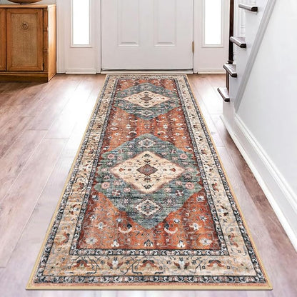 KOZYFLY Runners for Hallways 2.6x8 Ft Washable Kitchen Runner Rug Boho Runner Rug for Entryway Indoor Rust/Orange/Blue Printed Oriental Faux Wool Floor Carpet Runner for Bedroom Kitchen Hall