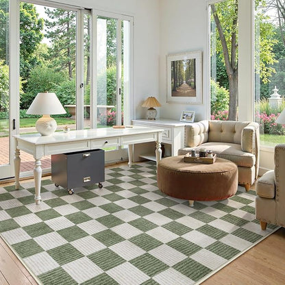LIVEBOX 8x10 Area Rugs for Living Room, Checkered Non-Slip Washable Rugs, Farmhouse Neutral Classic Geometric Large Boys Area Rug for Bedroom, Carpet for Living Dining Room Office(Sage Green,8'x10')