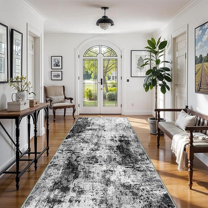 4x8 Wide Washable Runner Rug: Easy-to-Clean Runners for Hallway Entryway Kitchen Bedroom Living Room - Stain and Water Resistant Rugs with Non-Slip Backing - Soft Low-Pile Carpet Black Grey