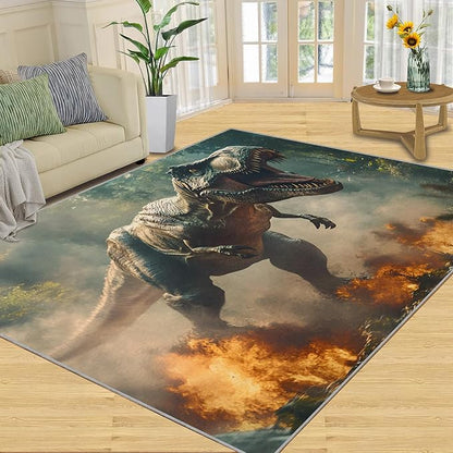 Dinosaurs Rugs for Bedroom - 4x5 Area Rug - Flame Dinosaurs Rugs for Living Room, Forest Landscape Rug, Washable Home Decor Carpet