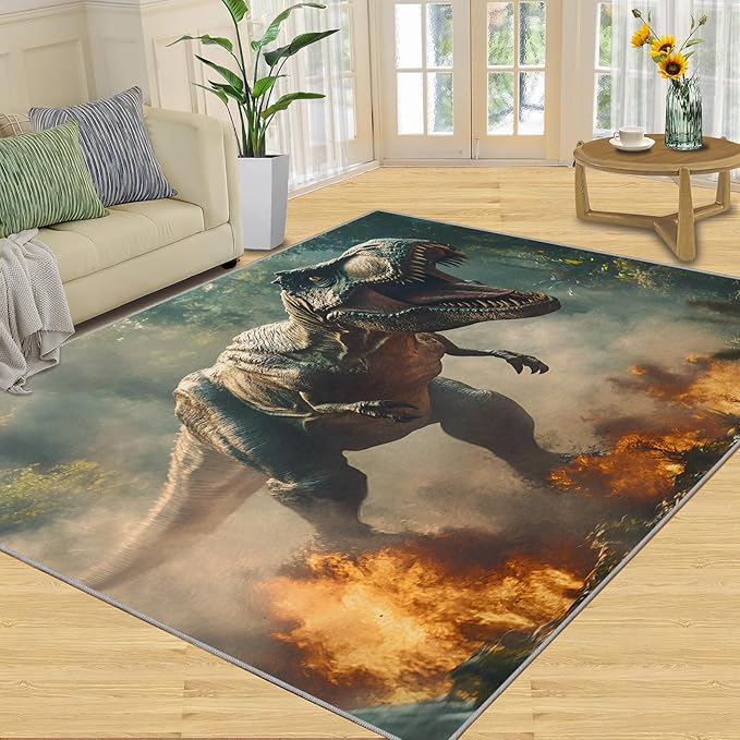 Dinosaurs Rugs for Bedroom - 5x6 Area Rug - Flame Dinosaurs Rugs for Living Room, Forest Landscape Rug, Washable Home Decor Carpet
