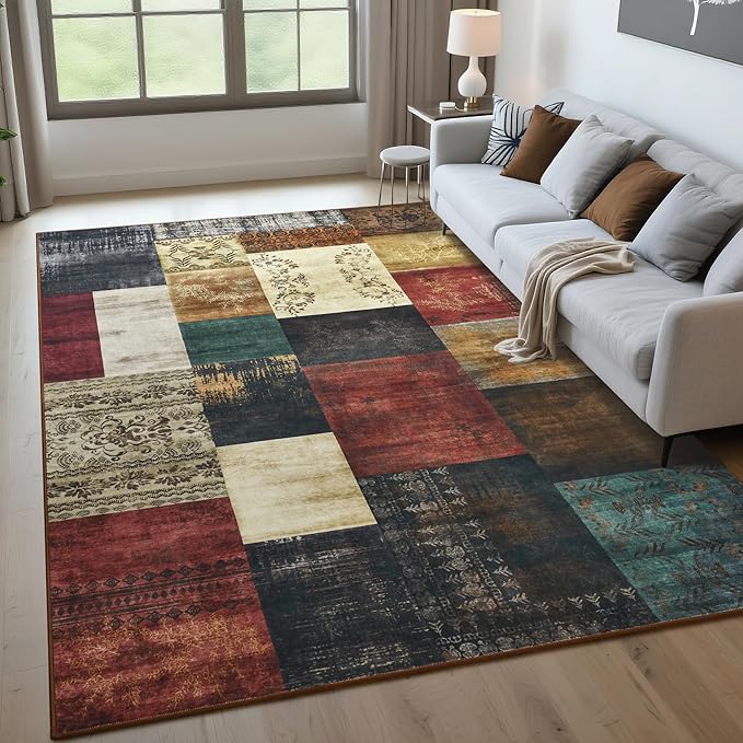Tepook Modern Area Rug for Living Room, 8x10 Geometric Large Rugs for Bedroom, Washable Patchwork Rug Indoor Non-Slip Throw Carpets for Dining Room Office Farmhouse Home Decor, Multi
