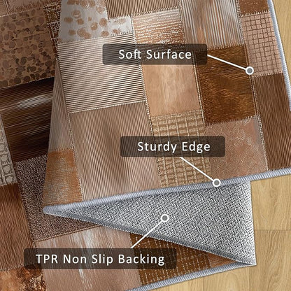 Patchwork Rug Small, Washable 2x3 Throw Rug for Entryway, Geometric Brown Patterned Indoor Door Mat, Patchwork Decor for Home, Bedroom, Soft Non Slip Thin Design FER2