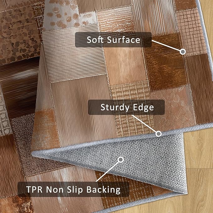 Patchwork Rug, Washable 6x8 Rug for Living Room, Geometric Brown Patterned Indoor Carpet, Patchwork Decor for Home, Bedroom, Soft Non Slip Thin Design FER10