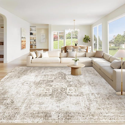 Area Rug 10x12 Washable Rug, Vintage Boho Medallion Rugs Non-Slip Soft Low Pile Large Distressed Rug Indoor Retro Carpet for Living Room Bedroom Dining Room Home Office (Taupe, 10'x12')