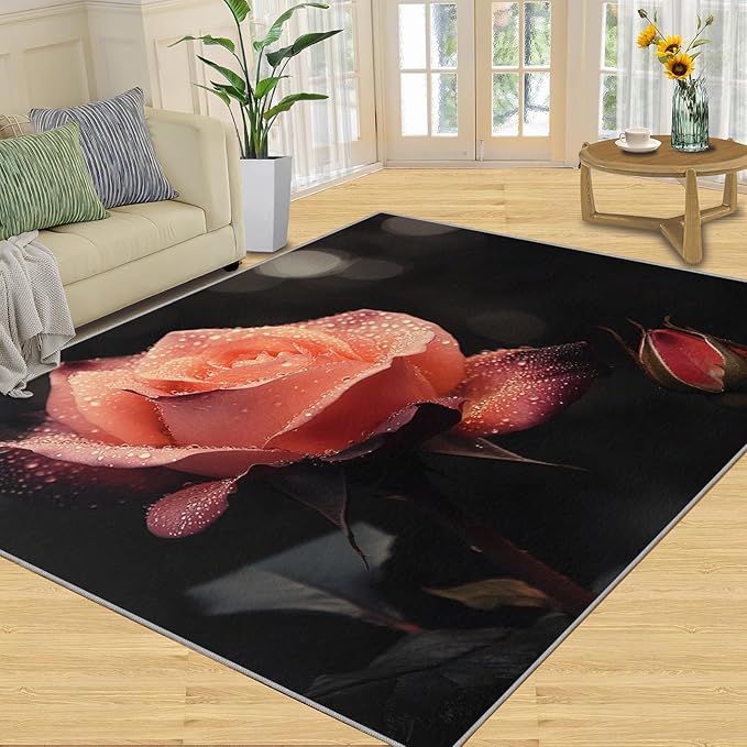 4x6 Florals Cafe Rug - Natural Flowers Rugs for Bedroom Aesthetic, Realistic Rose Soft Comfortable Non-Slip for Offie Bedroom Study Boy Girl Room Hotel Dorm