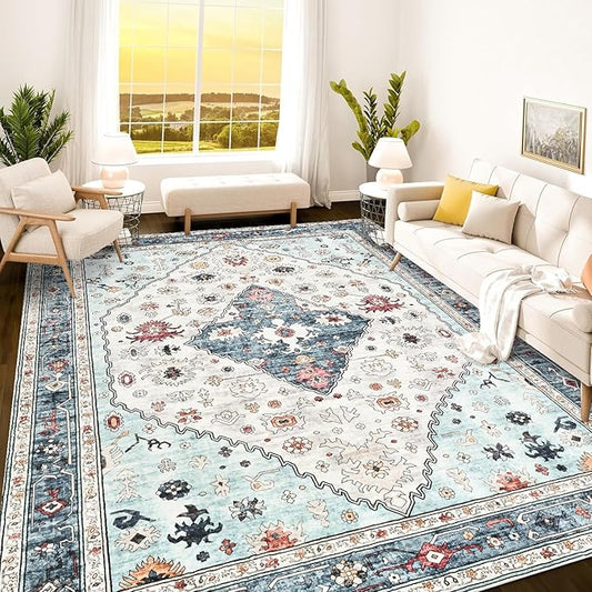 Istana Rugs 8x10 - White Cream/Blue Area Rug - Foldable Stain Resistant Bedroom 8x10 Area Rugs - Washable Rug - 8 x 10 Area Rugs for Living Room - Eco-Friendly Area Carpet