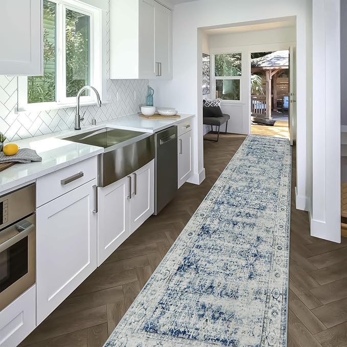Morebes Vintage Hallway Runners 12 Ft Non Slip, Washable Blue Hall Runner Rugs, Super Soft Distressed Extra Long Floor Carpet for Kitchen Entryway Living Room Dining Farmhouse