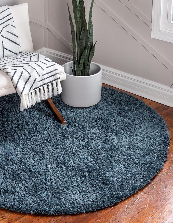 Unique Loom Davos Shag Collection Area Rug - Solid (10' Round, Marine Blue)