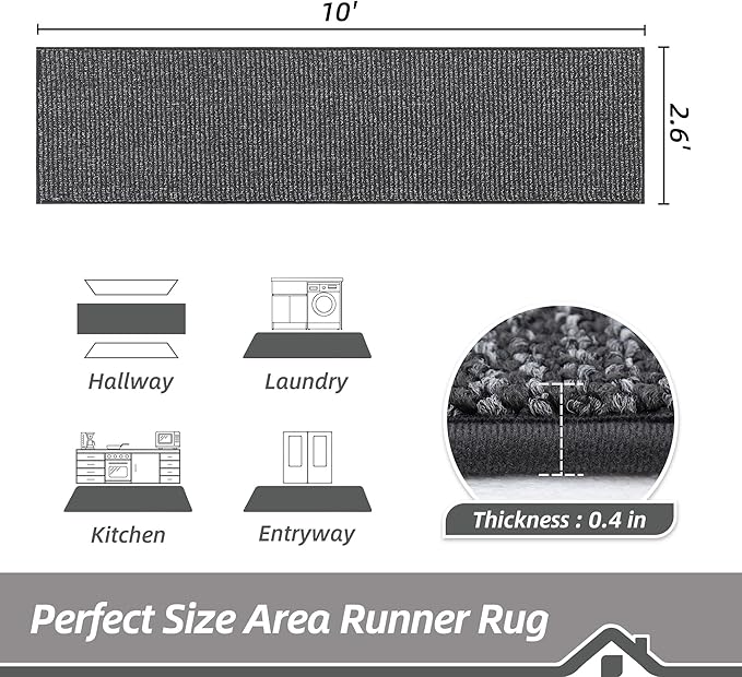 BEQHAUSE Hallway Runner Rugs 2.6x10, Hallway Rug Non-Slip Washable(Rolled-Up NO Creases), Runner Rug Absorbent Stain Resist Hall Rug Carpet Runner, Entryway Rugs Floor Mat Laundry Room Rugs, Charcoal