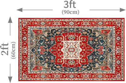 Enkor Area Soft Rugs 2x3 Washable Non Slip Boho Small Floor Entryway Rugs for Living Room Bedroom, Vintage Style Farmhouse Mat for Kitchen Red & Blue