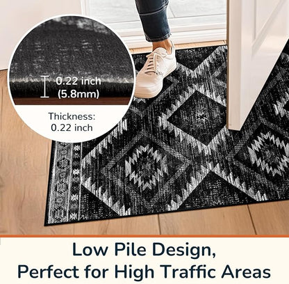Area Rug 2x4 Rug Machine Washable Non-Slip Low Pile Print Pattern Western Rug for Living Room Bedroom Entryway Tribal Series-Black