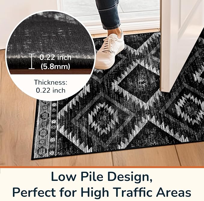 Area Rug 2x3 Rug Machine Washable Non-Slip Low Pile Print Pattern Western Rug for Living Room Bedroom Entryway Tribal Series-Black